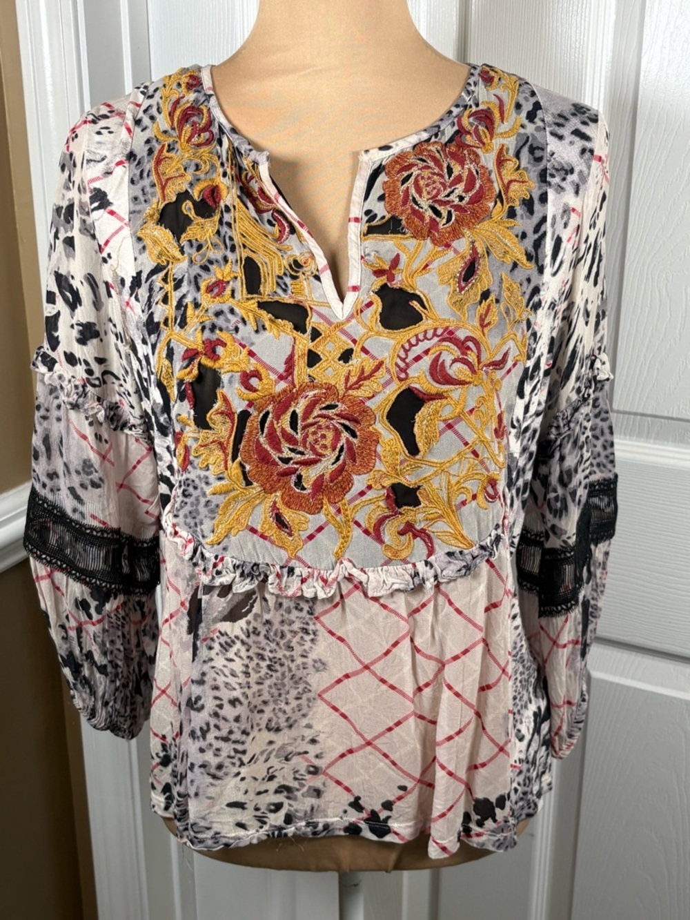 Anthropologie White Mixed-Print Embroidered Peasant Blouse - Picture 2 of 13